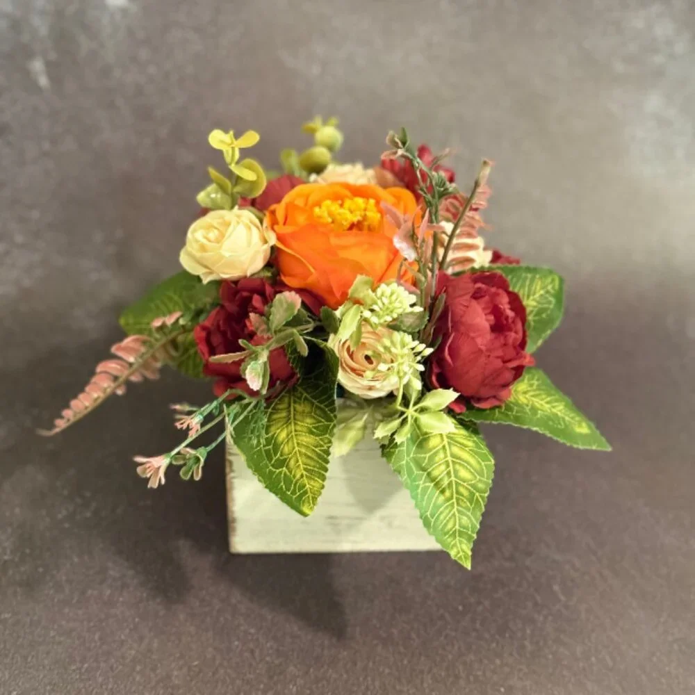 Fall Faux Floral Arrangement in Rustic Wooden Box – Home or Office Decor